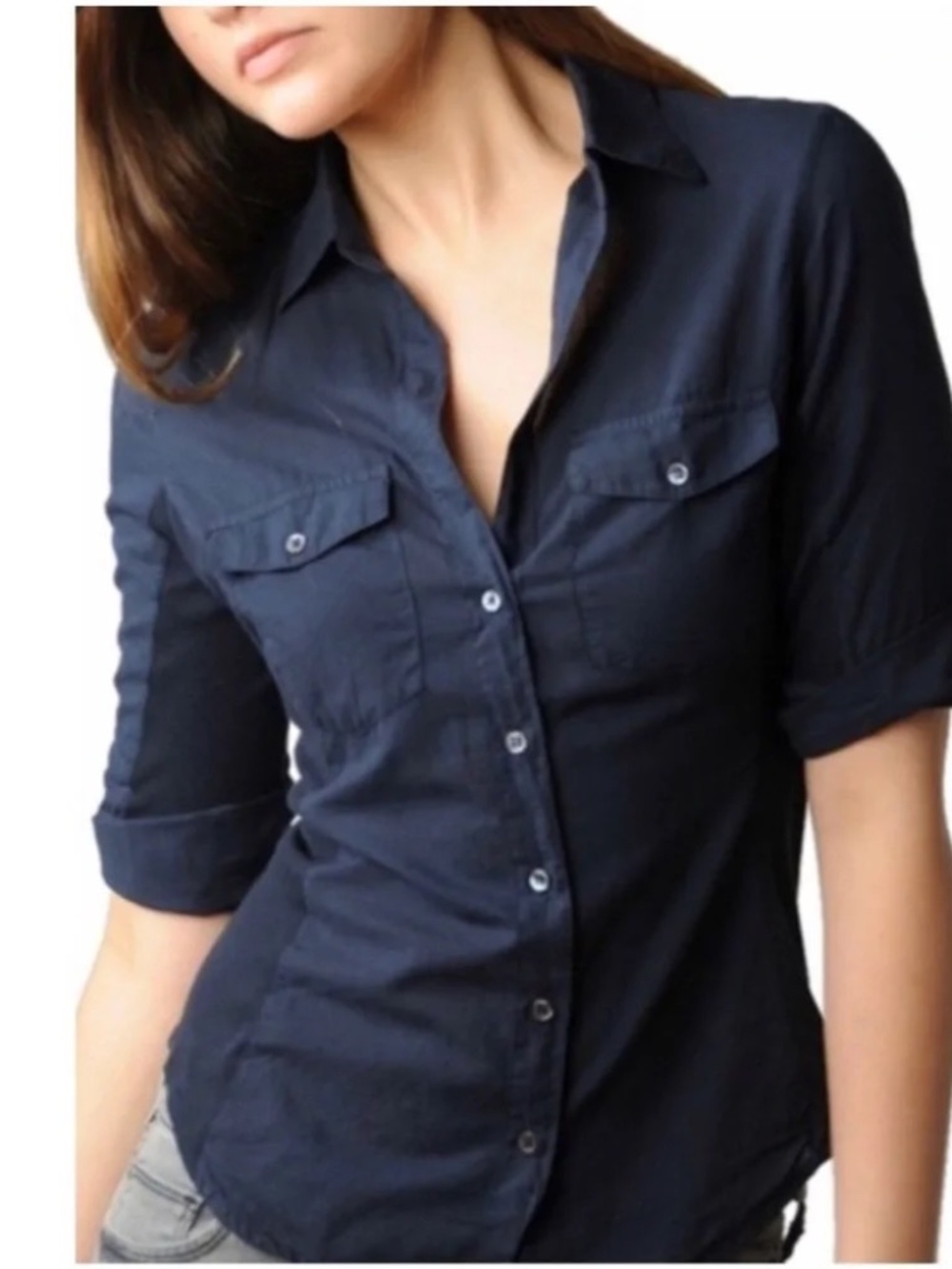 James Perse Navy Cotton Button Front Utility Shirt Tab Sleeve Size 4